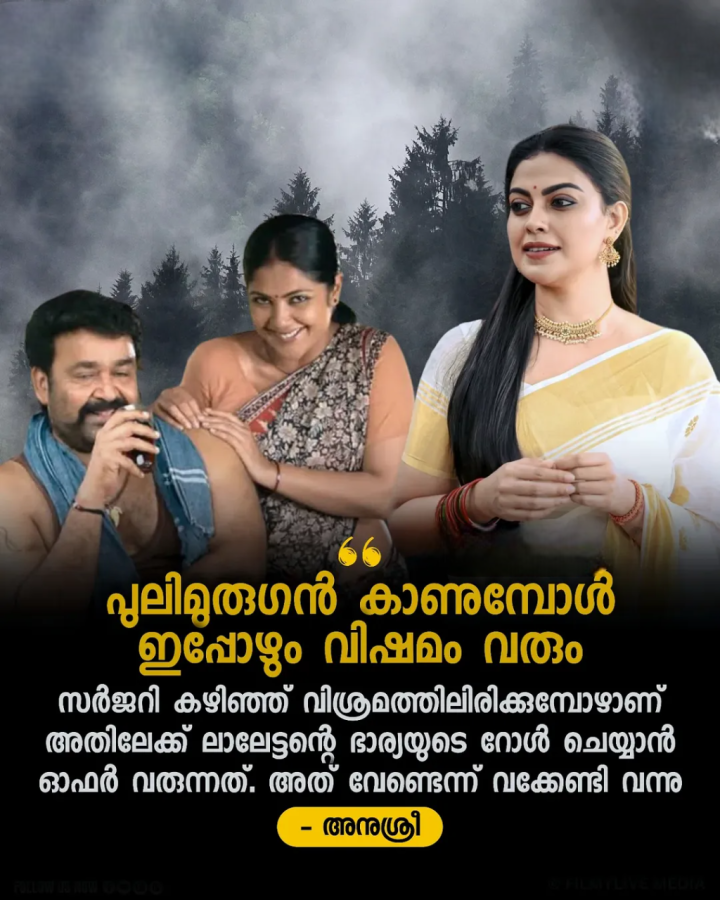 തനിക്ക് നഷ്ടമായ സിനിമയെ കുറിച്ച് സംസാരിക്കുകയാണ് അനുശ്രീ. സിനിമയിൽ വന്ന് നാല് വർഷം കഴിഞ്ഞപ്പോൾ തന്റെ കൈയ്ക്ക് ഒരു സർജറി വേണ്ടിവന്നെന്നും ആ സമയത്താണ് പുലിമുരുകനിലേക്ക് തനിക്ക് വിളി വരുന്നതെന്നും അനുശ്രീ പറയുന്നു. മോഹൻലാലിൻ്റെ ഭാര്യയുടെ വേഷമായിരുന്നു അതെന്നും എന്നാൽ തനിക്ക് ചെയ്യാൻ കഴിഞ്ഞില്ലെന്നും അനുശ്രീ പറഞ്ഞു.