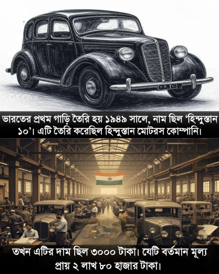 ভারতের প্রথম গাড়ি তৈরি হয়েছিল ১৯৪৯ সালে যেটির নাম ছিল হিন্দুস্তান ১০, সেই সময়ে গাড়িটির দাম ছিল ৩০০০ টাকা।