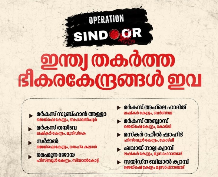 ഓപ്പറേഷൻ സിന്ദൂർ; ഇന്ത്യ തകർത്ത ഭീകരകേന്ദ്രങ്ങൾ ഇവ