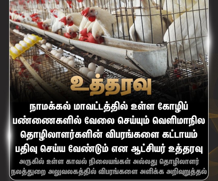 நாமக்கல் கோழிப்பண்ணைகளில் வேலை செய்யும் வெளிமாநில தொழிலாளர்களின் விபரங்களை அளிக்க, பண்ணை உரிமையாளர்களுக்கு மாவட்ட ஆட்சியர் உத்தரவு