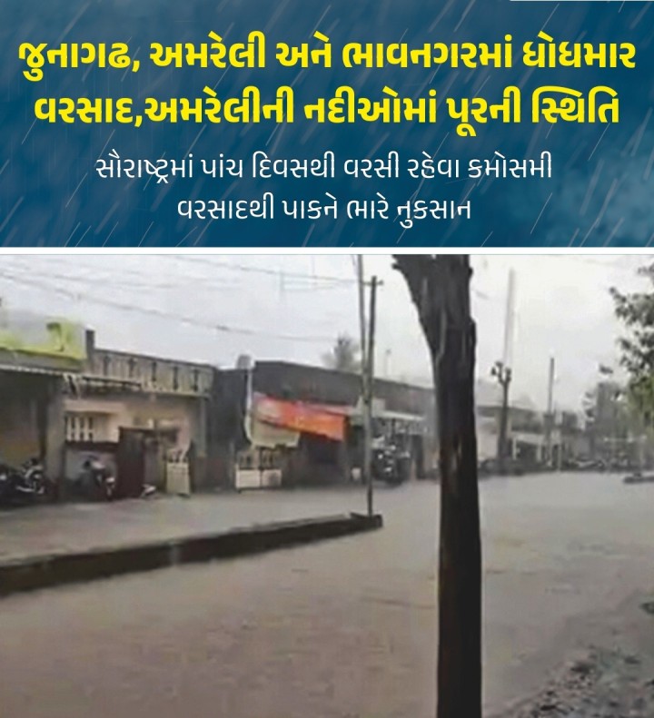 જુનાગઢ, અમરેલી અને ભાવનગરમાં ધોધમાર વરસાદ,અમરેલીની નદીઓમાં પૂરની સ્થિતિ સૌરાષ્ટ્રમાં પાંચ દિવસથી વરસી રહેવા કમોસમી વરસાદથી પાકને ભારે નુકસાન