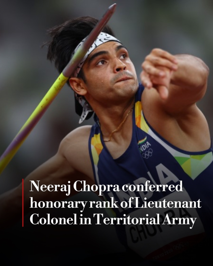 Two-time Olympic medallist Neeraj Chopra has been conferred the honorary rank of Lieutenant Colonel in the Territorial Army, the Ministry of Defence announced on Wednesday, 14 May. The appointment came into effect on 16 April, according to an official statement.
