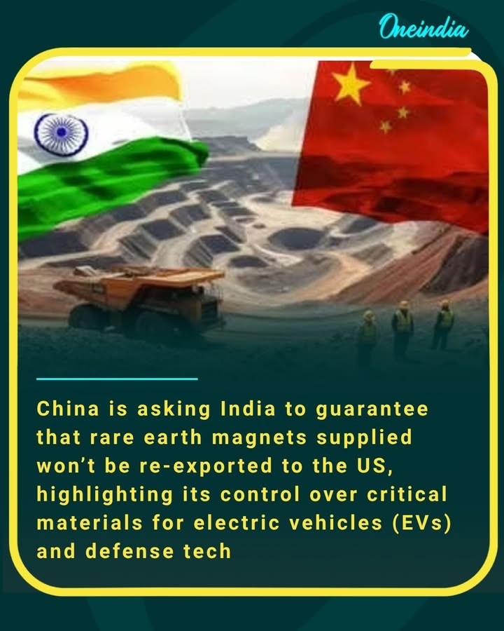 China is asking India to guarantee that rare earth magnets supplied won’t be re-exported to the US, highlighting its control over critical materials for EVs and defense tech.
