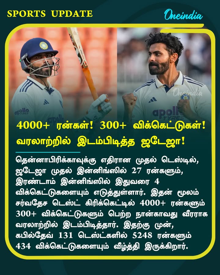4000+ ரன்கள்! 300+ விக்கெட்டுகள்! வரலாற்றில் இடம்பிடித்த ஜடேஜா!