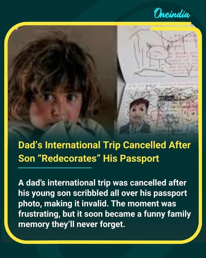 A father all set for his international trip had his plans collapse at the last moment when he discovered that his young son had covered his passport photo with cheerful scribbles and smiley faces. While the child saw it as artwork, airport officials declared the passport invalid, forcing the dad to cancel his trip immediately. Though heartbreaking in the moment, he later admitted it’s a memory he’ll laugh about for years—travel plans ruined, but family story upgraded forever.