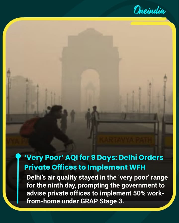 Delhi’s air quality remained in the ‘very poor’ category for the ninth straight day, prompting the government to issue an advisory for private offices to implement 50% work-from-home. The measure is part of Stage 3 of the Graded Response Action Plan (GRAP) and follows a directive by the Commission for Air Quality Management (CAQM), which has tightened pollution-control protocols in accordance with a recent Supreme Court order.