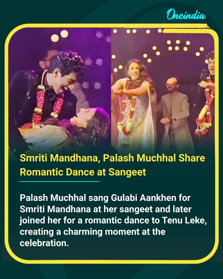 At a lively sangeet celebration, singer Palash Muchhal enchanted the crowd as he serenaded cricketer Smriti Mandhana with the classic Gulabi Aankhen. The moment grew even more magical when the two shared a romantic dance to Tenu Leke, delighting guests and adding a cinematic charm to the festivities.