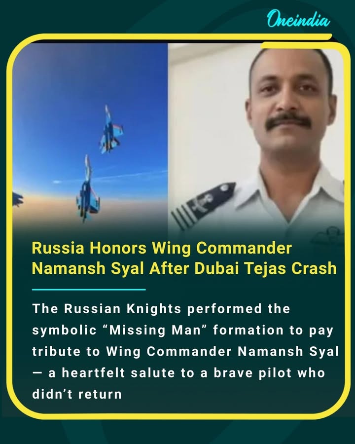 The Russian Knights performed the symbolic “Missing Man” formation to pay tribute to Wing Commander Namansh Syal — a heartfelt salute to a brave pilot who didn’t return