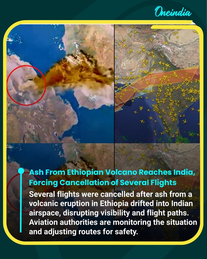 Air travel across parts of India was disrupted after ash from a volcanic eruption in Ethiopia drifted into Indian airspace, leading to multiple flight cancellations and delays. Aviation authorities are monitoring the situation closely.