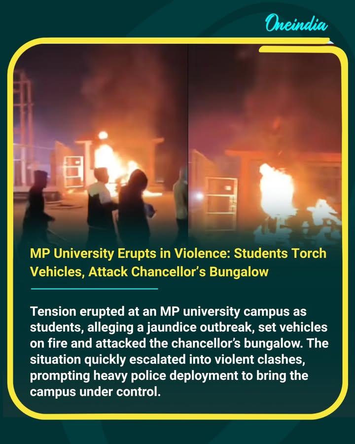 Tension erupted at an MP university campus as students, alleging a jaundice outbreak, set vehicles on fire and attacked the chancellor’s bungalow. The situation quickly escalated into violent clashes, prompting heavy police deployment to bring the campus under control.