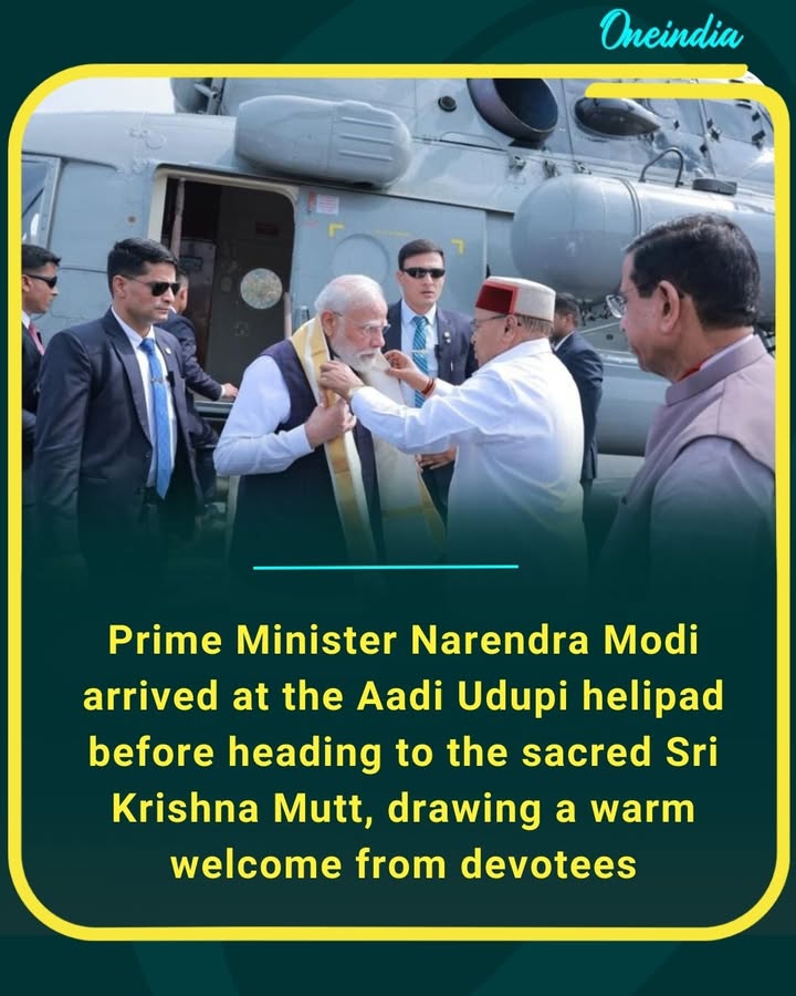 Prime Minister Narendra Modi arrived at the Aadi Udupi helipad before heading to the sacred Sri Krishna Mutt, drawing a warm welcome from devotees