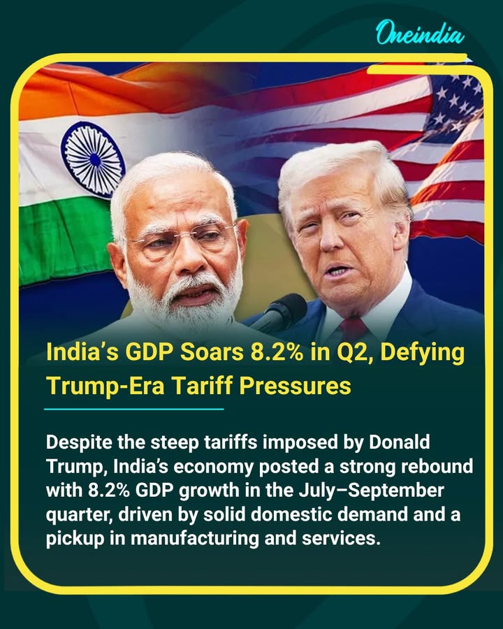 Despite steep tariff barriers imposed by U.S. President Donald Trump, the Indian economy has delivered a strong rebound, clocking an impressive 8.2% GDP growth in the July–September quarter. Economists say resilient domestic demand, robust manufacturing output, and rising services-sector momentum helped India maintain its growth trajectory even amid challenging global trade conditions.