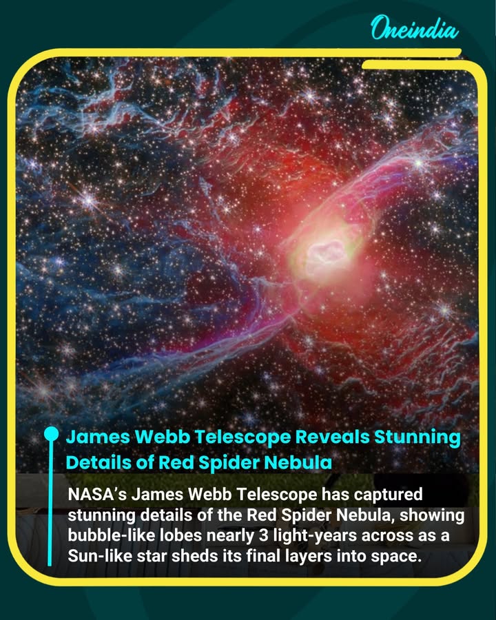 NASA’s James Webb Space Telescope has revealed unprecedented details of the Red Spider Nebula, showing fully enclosed, bubble-like lobes each nearly 3 light-years wide. The stunning images capture a Sun-like star shedding its final layers into space, offering new insights into stellar evolution.
