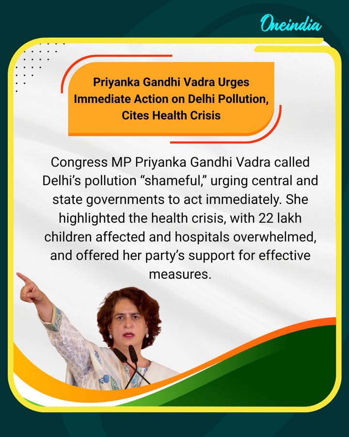 On pollution, Congress MP Priyanka Gandhi Vadra says, 'I feel this is a shameful situation. This is the capital city of our country. Let us set aside our political differences, and we should take some strong steps. How can we do this to our children? There are 22 lakh children today who have permanent damage to their lungs, according to a study. Old people, people with asthma and other respiratory issues are suffering. Hospitals are full of people with respiratory issues. How can we sit and do nothing about it?... We are here to support the government if they do it. Central government and state government must take immediate action.'