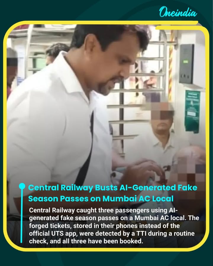 Central Railway foiled a fake-ticketing attempt involving AI-generated season passes on a Mumbai AC local. On November 28, a TTI detected three passengers—a young woman and two men—using forged UTS passes stored in their phones’ documents folder instead of the official app. All three have been booked following the discovery.
