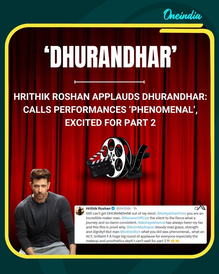 Hrithik Roshan lauded Dhurandhar for its powerful performances and technical brilliance, praising Ranveer Singh’s journey, Akshaye Khanna’s consistency, and Madhavan’s portrayal. He also highlighted the exceptional work of the makeup and prosthetics team and expressed his excitement for the film’s upcoming Part 2.