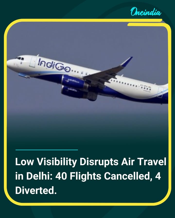 Delhi Airport reported that low visibility conditions have led to the cancellation of 40 flights and the diversion of 4 others. Passengers are advised to check with airlines for updates as foggy weather continues to affect air travel in the city.