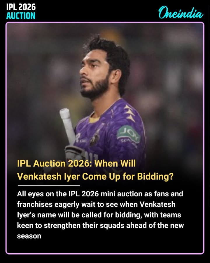 All eyes on the IPL 2026 mini auction as fans and franchises eagerly wait to see when Venkatesh Iyer’s name will be called for bidding, with teams keen to strengthen their squads ahead of the new season.