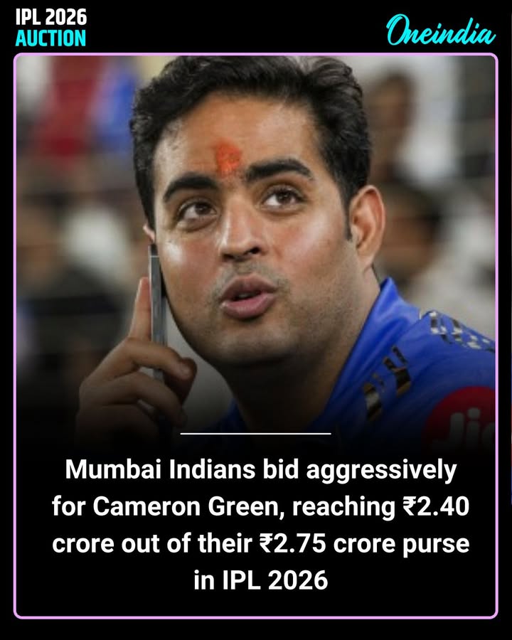 Mumbai Indians bid aggressively for Cameron Green, reaching ₹2.40 crore out of their ₹2.75 crore purse in IPL 2026