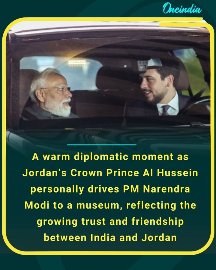 A warm diplomatic moment as Jordan’s Crown Prince Al Hussein personally drives PM Narendra Modi to a museum, reflecting the growing trust and friendship between India and Jordan