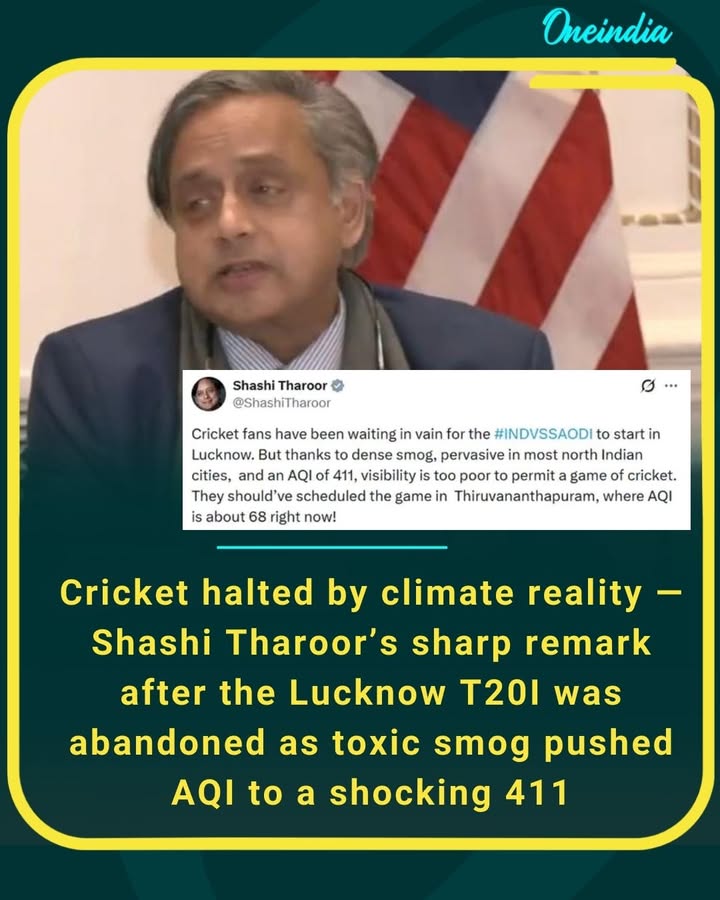 Dense smog, dangerous air, and no play. With AQI touching 411 in Lucknow, the T20I had to be called off — prompting a stinging response from Shashi Tharoor that highlights a far bigger crisis than just a lost match. When air becomes unbreathable, even cricket must pause.