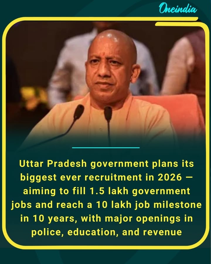Uttar Pradesh government plans its biggest ever recruitment in 2026 — aiming to fill 1.5 lakh government jobs and reach a 10 lakh job milestone in 10 years, with major openings in police, education, revenue