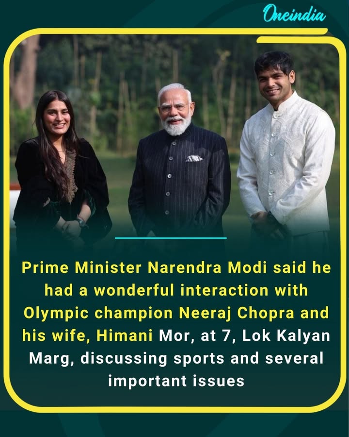 Prime Minister Narendra Modi said he had a wonderful interaction with Olympic champion Neeraj Chopra and his wife Himani Mor at 7, Lok Kalyan Marg, discussing sports and several important issues
