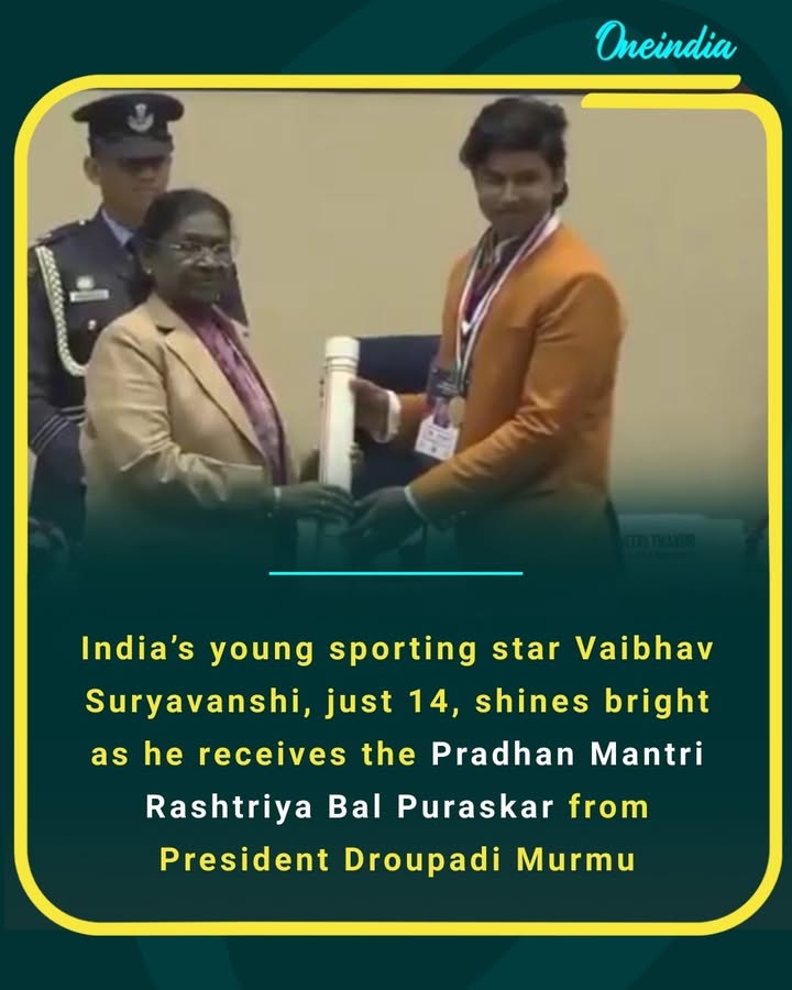 India’s young sporting star Vaibhav Suryavanshi, just 14, shines bright as he receives the Pradhan Mantri Rashtriya Bal Puraskar from President Droupadi Murmu — a true celebration of talent, dedication and future promise.