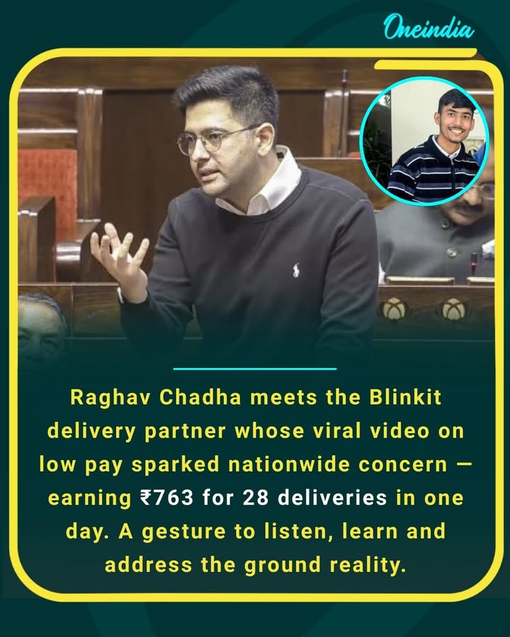 Raghav Chadha meets the Blinkit delivery partner whose viral video on low pay sparked nationwide concern — earning ₹763 for 28 deliveries in one day. A gesture to listen, learn and address the ground reality.