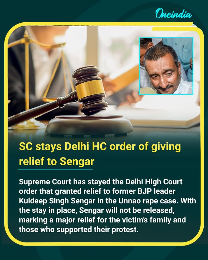 The Supreme Court has stayed the Delhi High Court order that granted relief to former BJP leader Kuldeep Singh Sengar in the Unnao rape case. With the stay in place, Sengar will not be released, marking a major relief for the victim’s family and those who supported their protest.