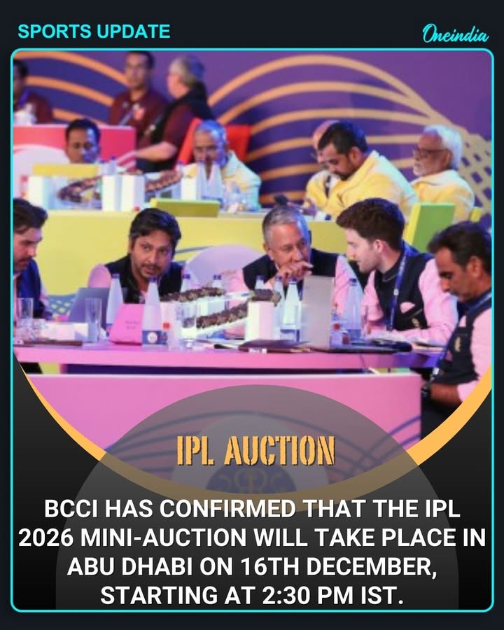 The BCCI has confirmed that the IPL 2026 mini-auction will take place in Abu Dhabi on 16th December, starting at 2:30 PM IST.