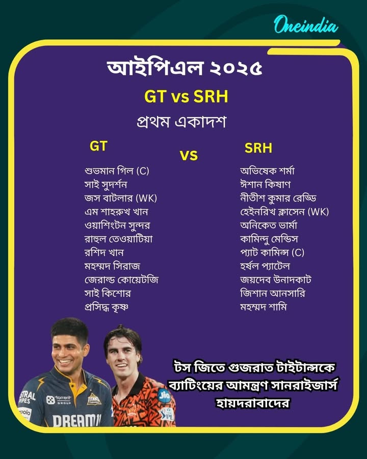 টস জিতে গুজরাত টাইটান্সকে ব্যাটিংয়ের আমন্ত্রণ সানরাইজার্স হায়দরাবাদের