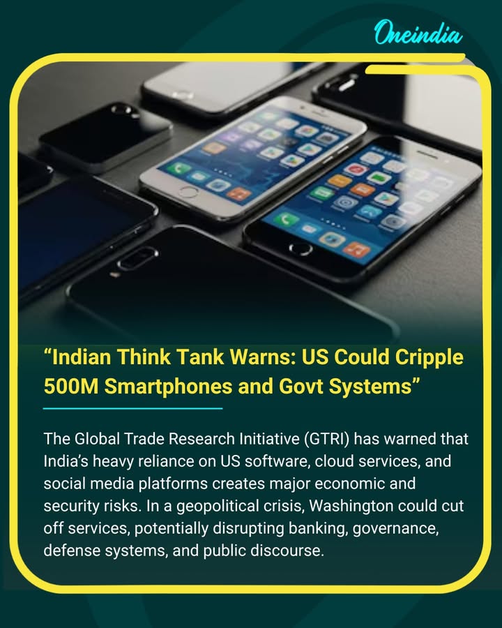 The Global Trade Research Initiative (GTRI) has warned that India’s heavy reliance on US software, cloud services, and social media platforms creates major economic and security risks. In a geopolitical crisis, Washington could cut off services, potentially disrupting banking, governance, defense systems, and public discourse.