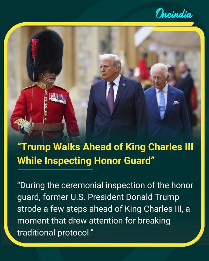 “During the ceremonial inspection of the honor guard, former U.S. President Donald Trump strode a few steps ahead of King Charles III, a moment that drew attention for breaking traditional protocol.”