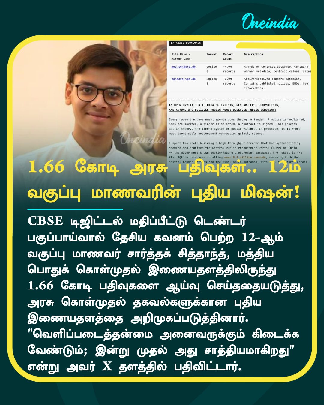 1.66 கோடி அரசு பதிவுகள்.. 12ம் வகுப்பு மாணவரின் புதிய மிஷன்!