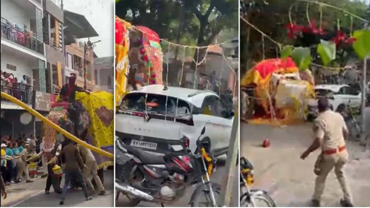 Shivamogga Dasara: बेकाबू हाथी से गिरी 650 किलो की चांदी की अंबारी, देवी की मूर्ति का हाथ टूटा, टला बड़ा हादसा