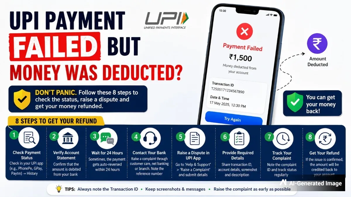 UPI payment : ಯುಪಿಐನಲ್ಲಿ ಹಣ ಕಟ್‌ ಆಗಿದೆ, ಆದ್ರೆ ಪೇಮೆಂಟ್‌ ಆಗಿಲ್ಲ! ಏನ್ಮಾಡೋದು? ರಿಫಂಡ್‌ ಬೇಗ ಪಡೆಯಲು ಈ 8 ಹಂತ ಅನುಸರಿಸಿ
