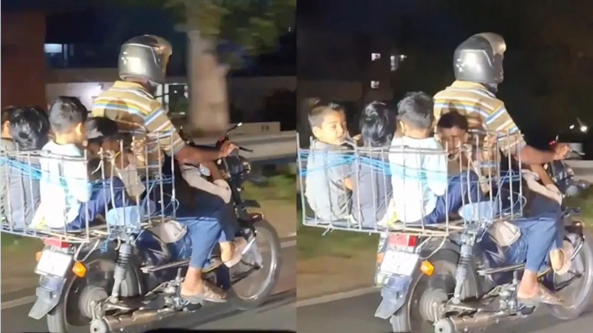 ಮೈಸೂರು: ಬೈಕ್ ಹಿಂದೆ ಕೋಳಿಗಳಂತೆ ಐದು ಮಕ್ಕಳನ್ನ ತುಂಬಿಕೊಂಡು ಹೋದ ಭೂಪ