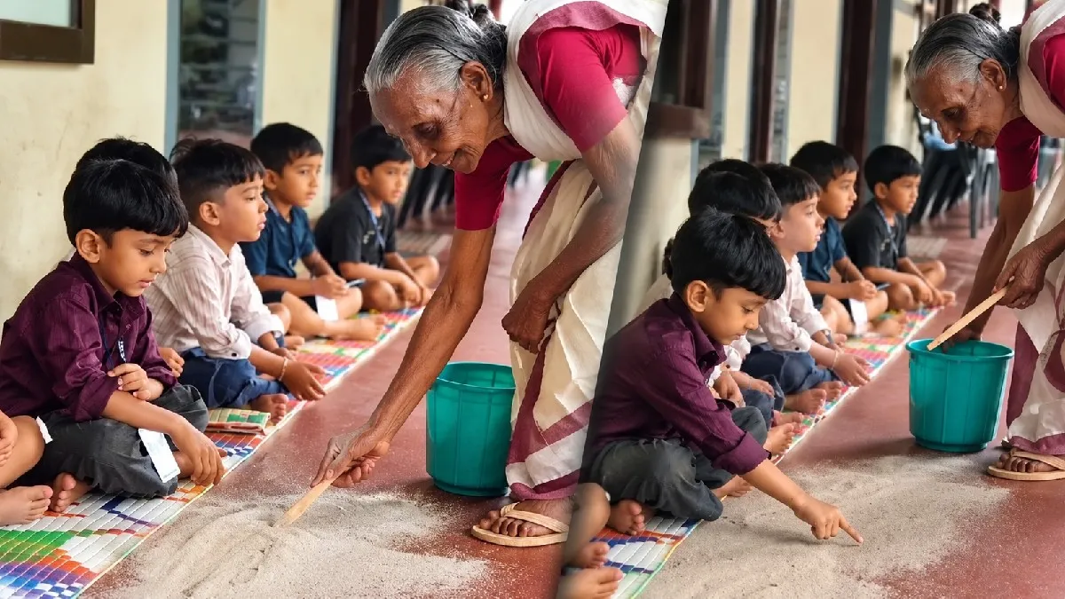 ಸ್ಮಾರ್ಟ್ ಬೋರ್ಡ್ ಪುಸ್ತಕ ಬೇಡ್ವೇ ಬೇಡ : ಮರಳಿನ ಮೇಲೆಯೇ ಬರೆಯೋ ಮಕ್ಕಳು ; 85 ವರ್ಷದ ಅಜ್ಜಿಯೇ ಟೀಚರ್