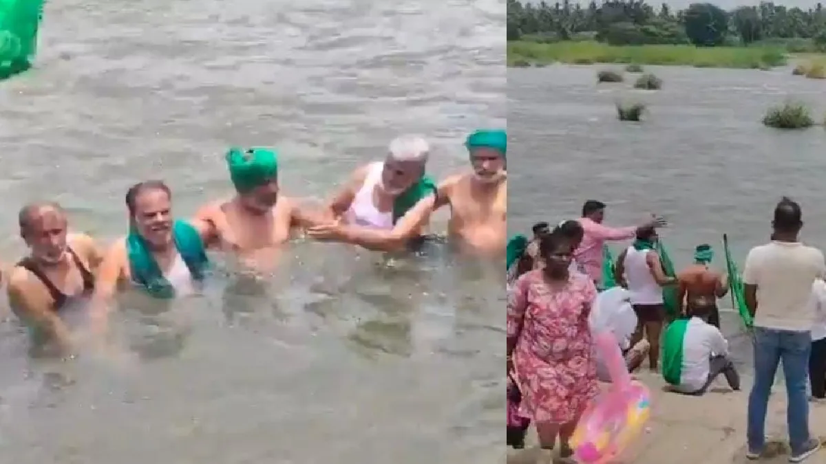 அடுத்தடுத்து காவிரி ஆற்றுக்குள் குதித்த விவசாயிகள்.. தமிழகத்துக்கு தண்ணீர் விட கடும் எதிர்ப்பு