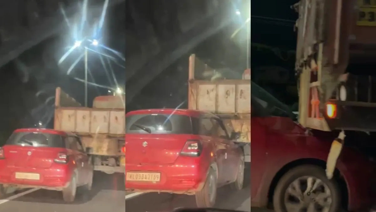 "லாரியின் அடியில் சிக்கிய கார்"! தமிழக-கேரளா தேசிய நெடுஞ்சாலையில் திகிலூட்டும் சம்பவம்