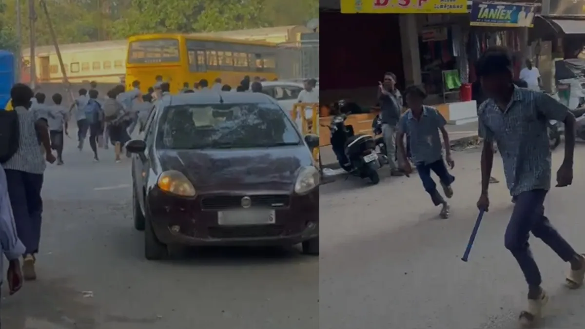 "யார் கெத்து?" திருப்பூரில் கம்பு, இரும்பு ராடுடன் நடுரோட்டில் அரசு பள்ளி மாணவர்கள் மோதல்!