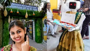 Meet Neela The Humanoid Robot Welcoming Voters With Roses At Puducherry Assembly Election Polling B