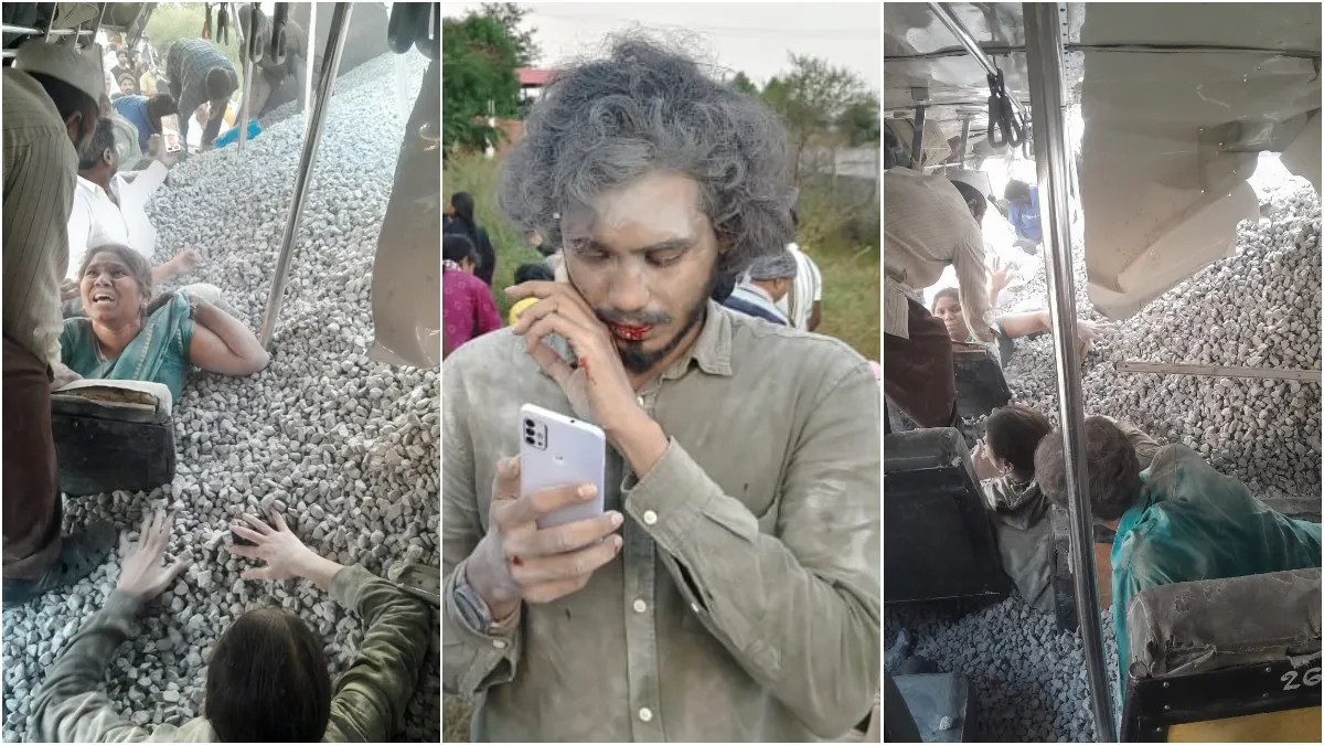 కంకరలో కూరుకుపోయిన TGSRTC బస్సు: నలిగిన ప్రయాణికులు